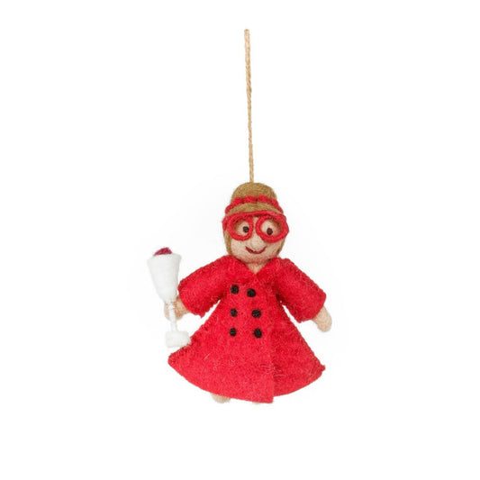 Handmade felt granny Christmas hanging decoration holding a wine glass
