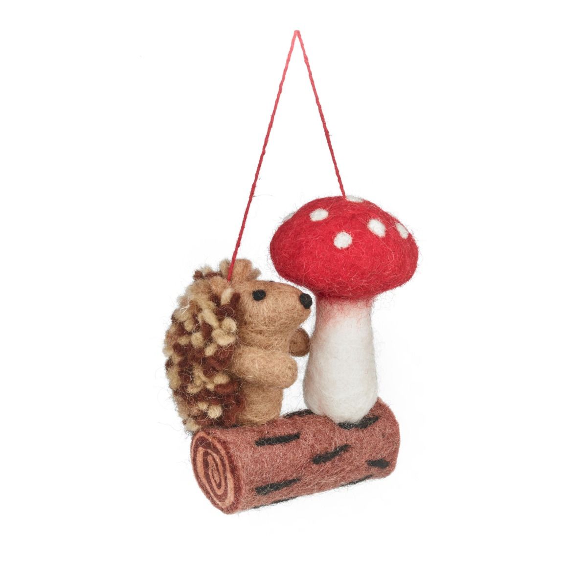 Handmade felt hedgehog hanging decoration with red toadstool