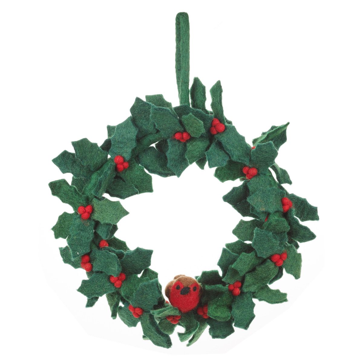     Handmade felt holly wreath with robins Christmas decoration
