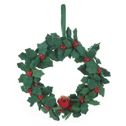     Handmade felt holly wreath with robins Christmas decoration